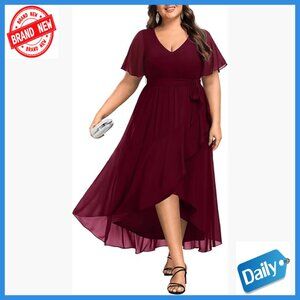 Plus Size Chiffon Maxi Dress High Low Ruffle V-Neck Formal Evening Gown